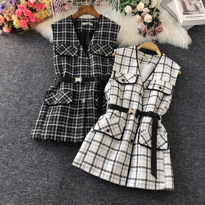 

Autumn winter samll fragrance plaid woolen vest women v-neck slim waistcoat