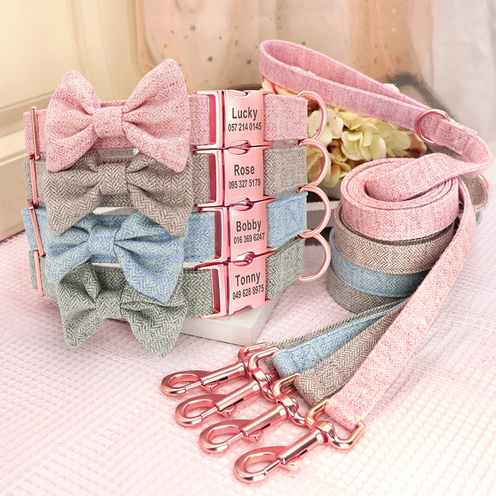 Customized Dog Collar Leash Set Personalized High Quality Dogs Collars With Bowtie Adjustable Pet Collars Leashes Free Engraving