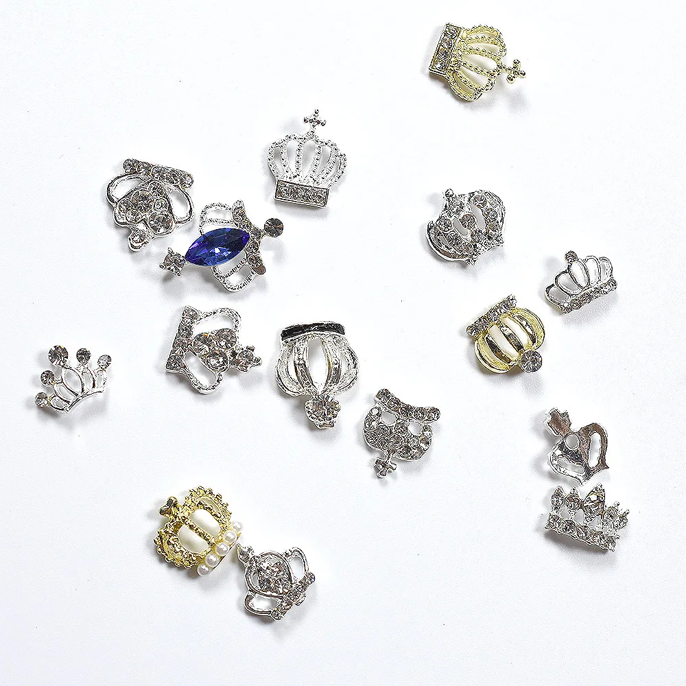 20Pcs Random Mixed 3D Chic Alloy Rhinestones Crown Silver Nail Art Decoration Tip Glitters DIY Nail Drill Stickers Glue on