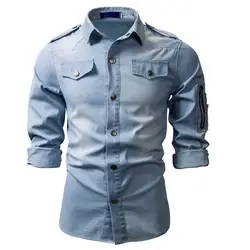 ¡Novedad De otoño e Invierno 2020! Camisa Vaquera De Manga Larga Lavada Para Hombre,Casual Camisa Ajustada Con Cuello Cuadrado