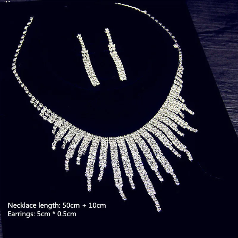 FYUAN Luxury Geometric Rhinestone Necklace Earrings For Women Long Tassel Bridal Weddings Jewelry Sets