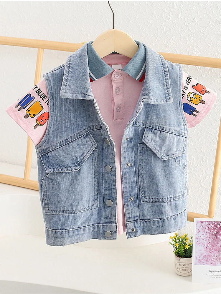 Kids Denim Vest Rainbow Sleeveless Single Breasted Jean Waistcoat Spring Autumn Boys Girls Casual Jacket Outwear