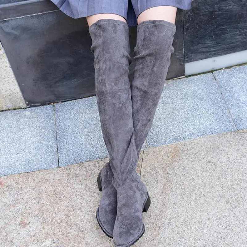 2021 Winter Long Boots Women Round Toe Low Heel Fashionable Sexy Over The Knee Stretch Boots Gray Suede Lace-up Shoes Woman Bota