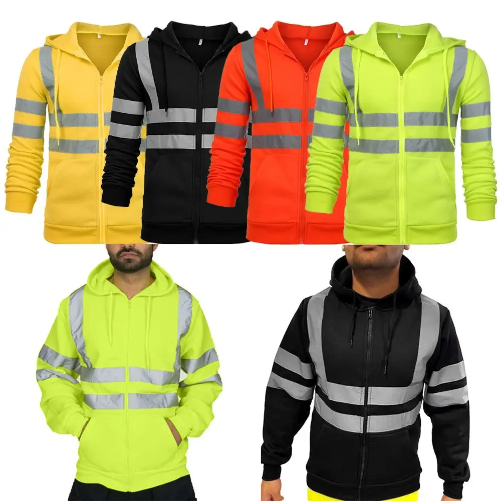 Tops Fleece Sweatshirt Zip Hooded Night Work High Visibility Jacket Hi Viz Vis Reflective Pullover Hoodie