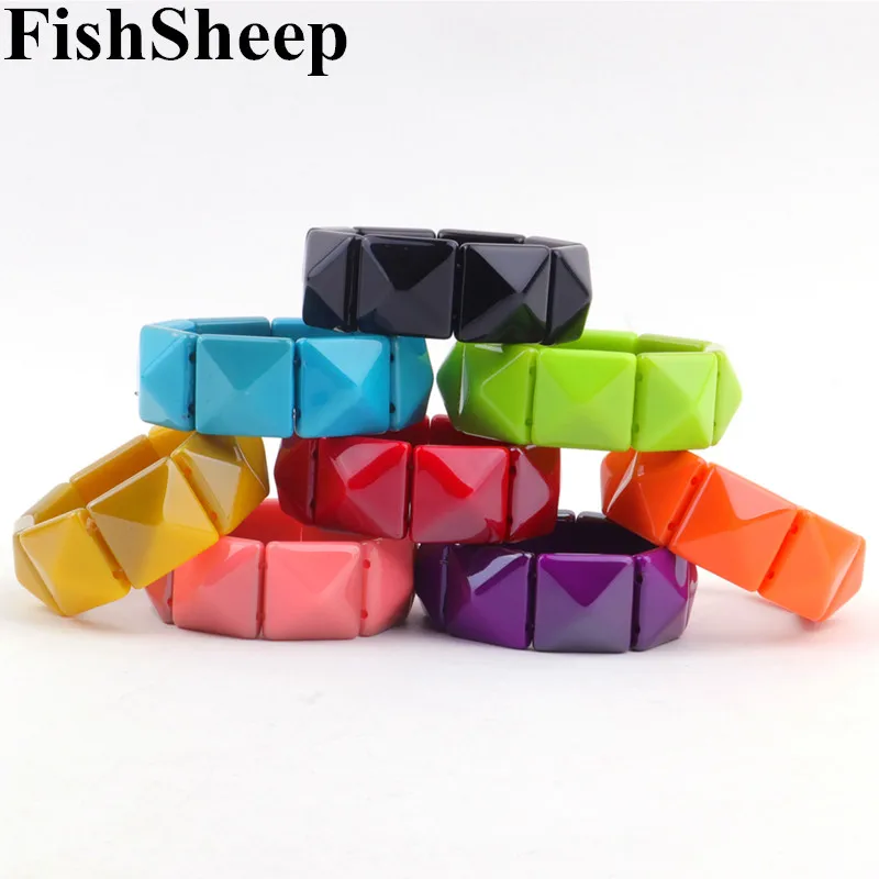 FishSheep Colorful Wide Acrylic Stud Bracelets Bangles For Women Resin Charm Cuff Stretch Bracelets Wristband Fashion Jewelry