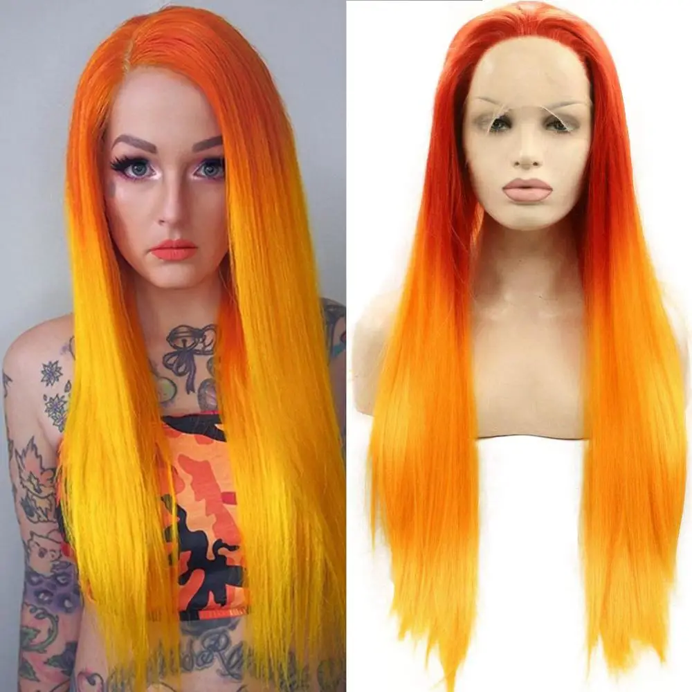 Long Wavy Lace Front Wig Ombre Red Orange Synthetic Wig Bright Fire Color Wigs for Women Free Part 180% Density Cosplay Wig 24