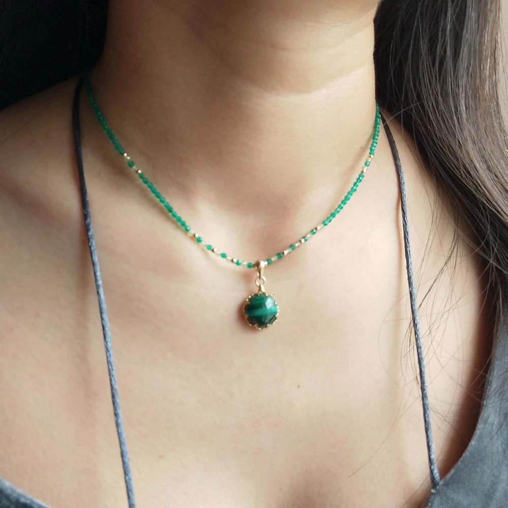 

LiiJi Unique Genuine Malachite Charms Green Onyx Peridot Goldfilled Delicate Handmade Pendant Necklace