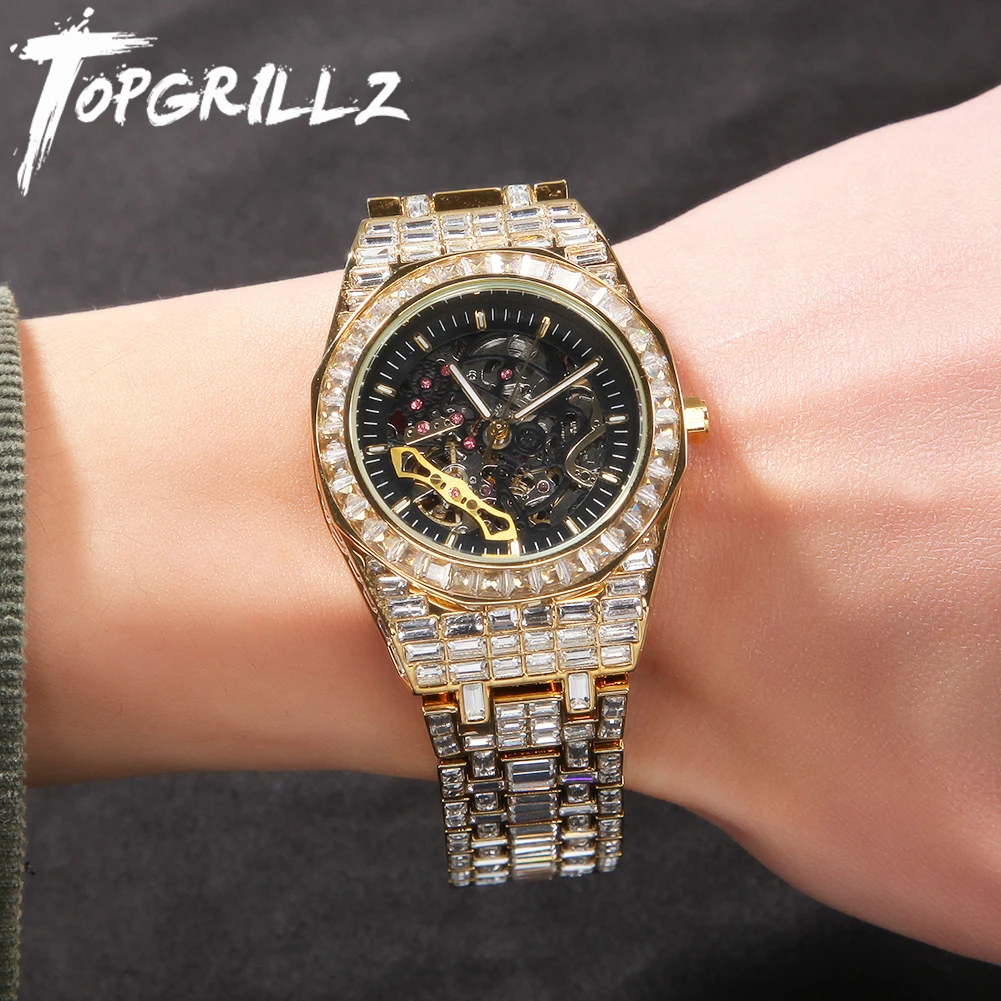 TOPGRILLZ Mechanical Luxury Baguette Rhinestones Watches In Yellow Gold Shine Stainless Steel Watch Quality Business Watch