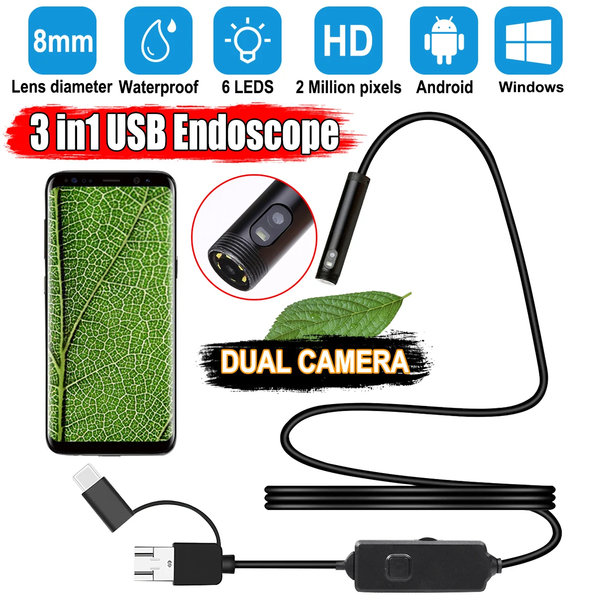 

Plumbing Endoscope Two Cameras 3 in 1 Automotive Borescope 8mm Android Smart Phone Sewer Inspection Cam Dual Lens Endoscopy 10m