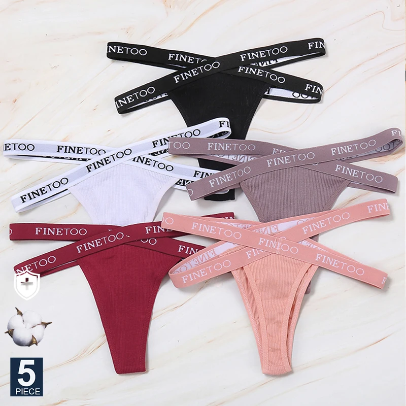 FINETOO 5PCS/Set M-XL G-string Cotton Women\'s Cross Strap Panties Femme Thong Sexy Hollow Out Lingerie Letter Waisted Underwear