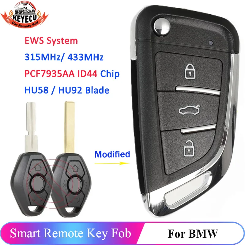 KEYECU Upgraded EWS LX8 FZV 315MHz 433MHz ID44 For BMW E36 E38 E39 E46 E53 E60 E61 E81 X3 X5 Z3 Z4 Flip Remote Key HU92/HU58