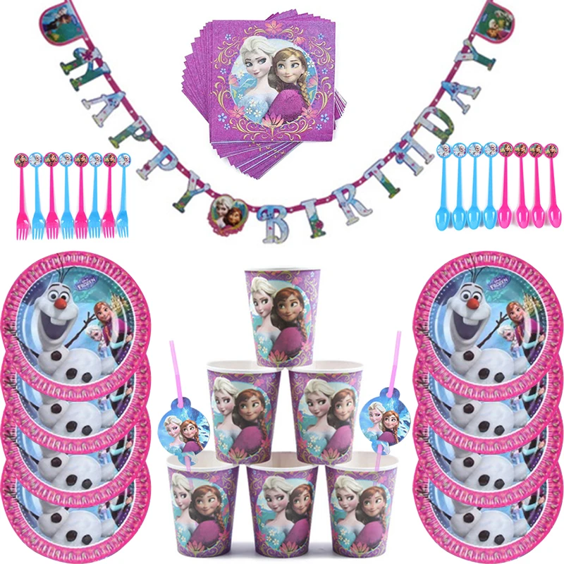 57pc/lot Disney Cartoon Forzen Theme Cutlery Party Decoration Birthday Party Baby Bath Cup Plate straw Party Supplies Dinner set