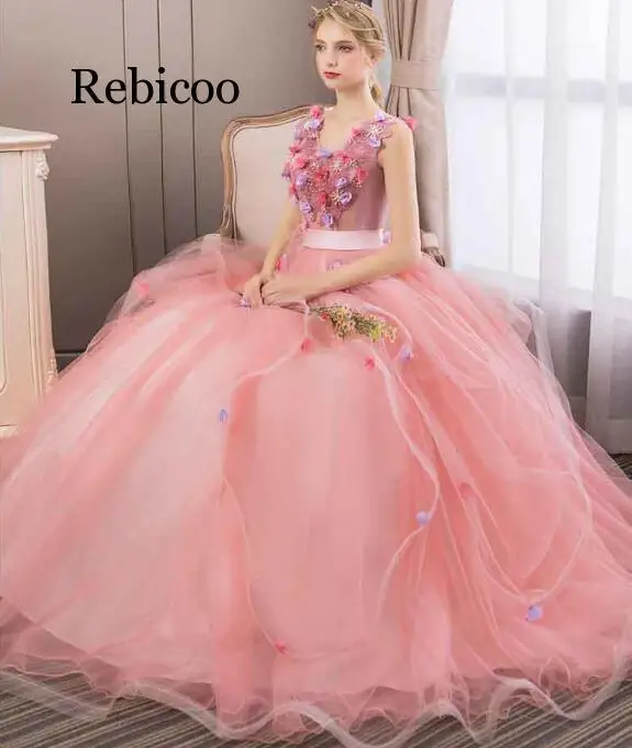 Cheap Ball Gowns Sweet dress Long Pink Quinceanera Dresses Off Shoulder 3D Flowers For Quinceanera  Years Vestidos