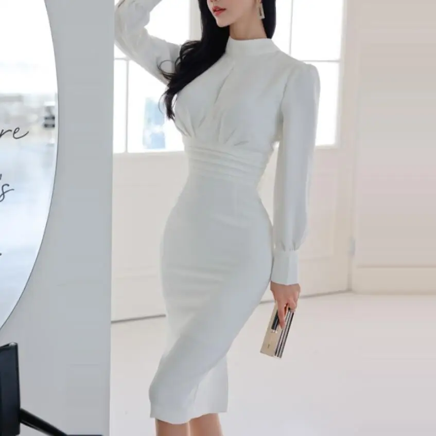 New Korean Ladies Temperament Slim Waist Lacing Up Back Hollow Out Fashion Sexy Package Hip Dress s1907