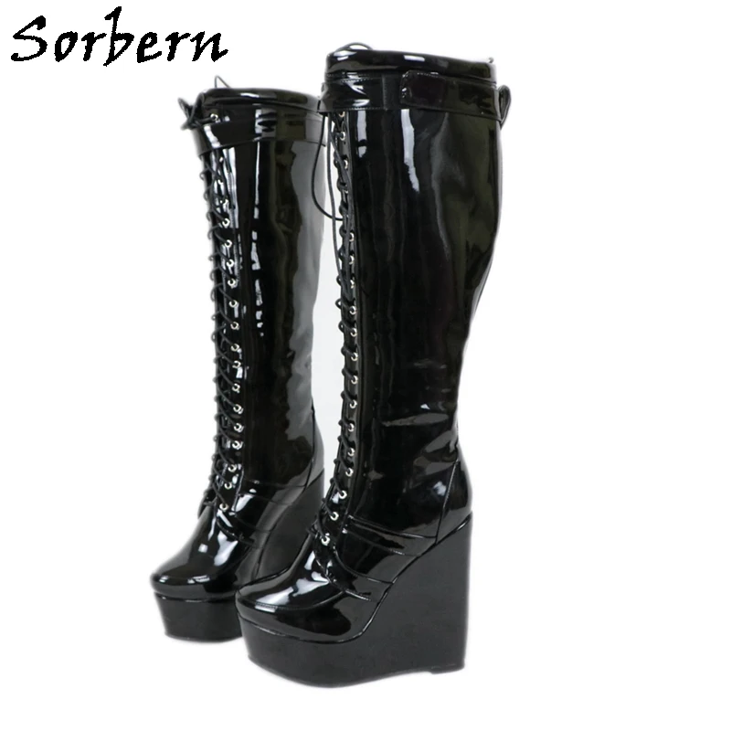 Sorbern Red Patent Knee High Boots Women Wedge High Heel Platform Lace Up Front Winter Style Round Closed Toe Multi Color