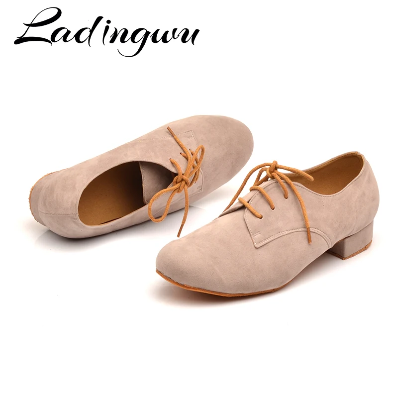 Ladingwu Men\'s Suede Ballroom Dance Shoes Flats Modern Dance Shoes Light Brown Tango Party Wedding Square Dance Shoes