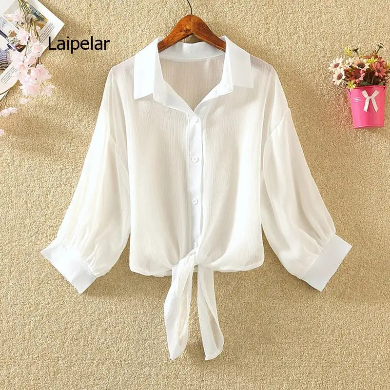 White Chiffon Blouse Women Half Sleeve 2021 Summer Transparent Thin Shirts Office olid Workwear  Tops