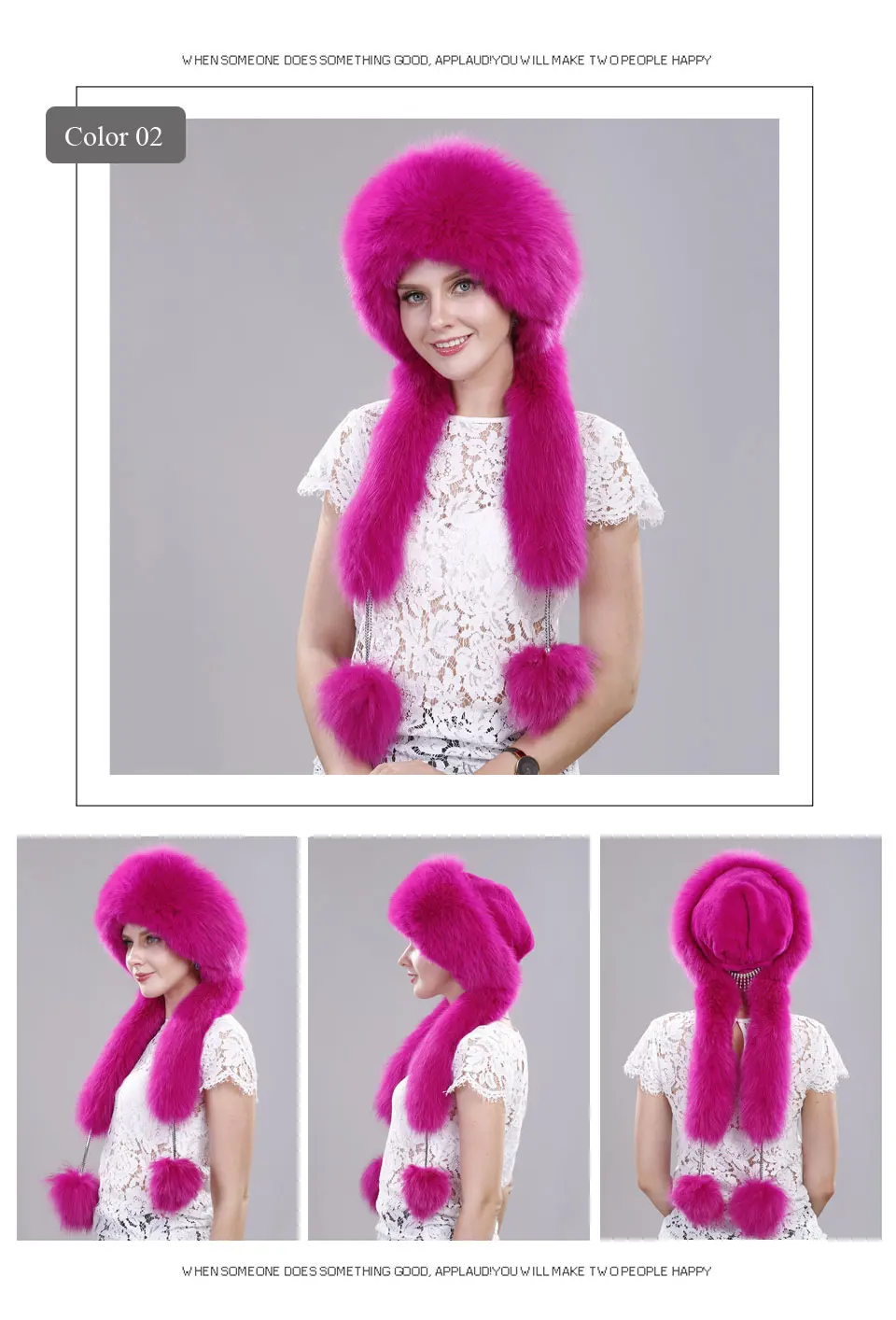 Echte Fuchspelzmütze mit Kaninchenfell-Oberteil, Wintermützen für Mädchen mit langen Pompons, Russische Trappermützen, Bombermützen, Bonnets für Frauen – Detail 4