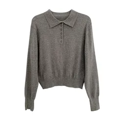 Polo Sweater Women Casual Knitted Cropped Pullover Sweater With Collar