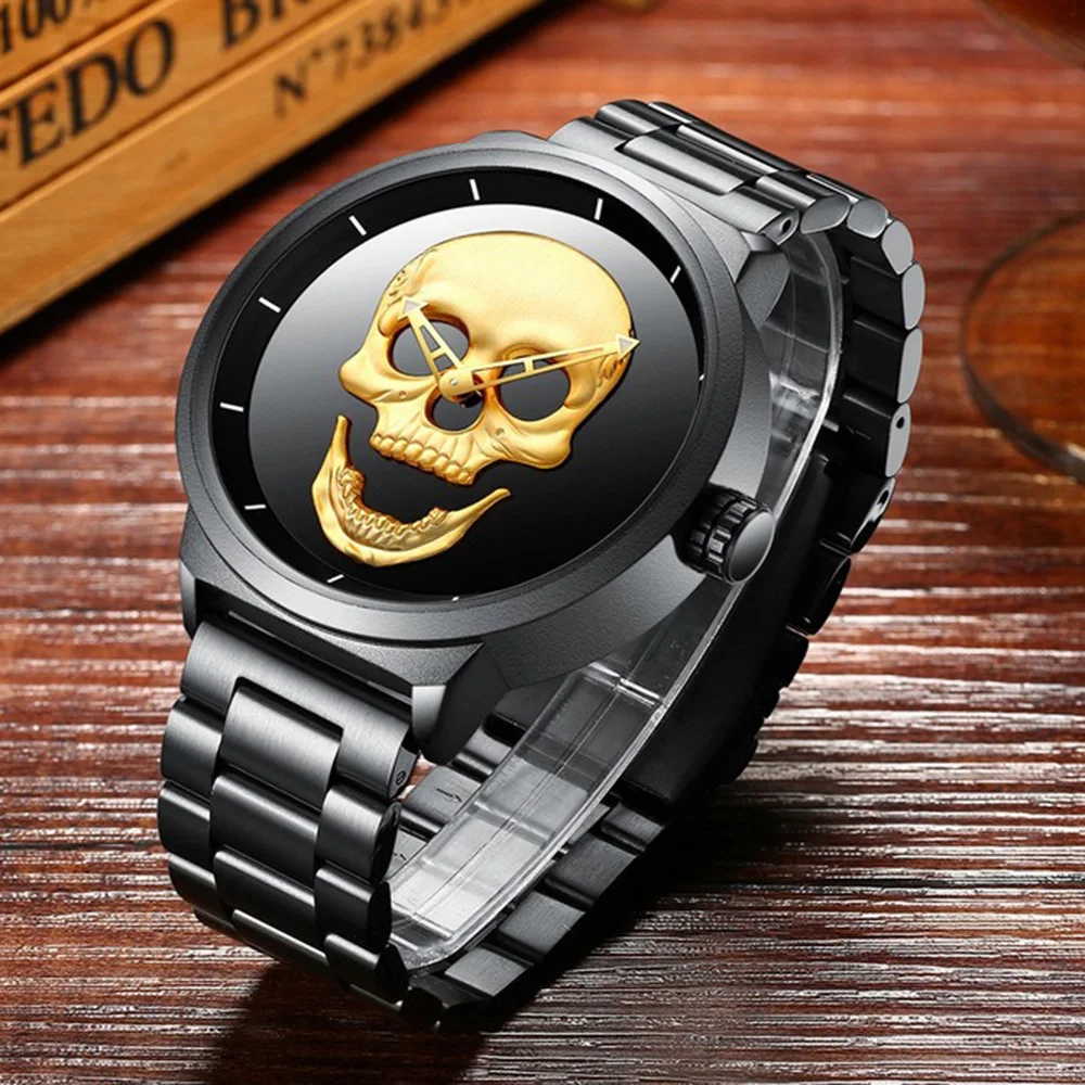 *hot sale* Mens  watches Waterproof Stainless Steel Belt Leather Copy Watch  Ghost Head Male Wristwatches Reloj Hombre