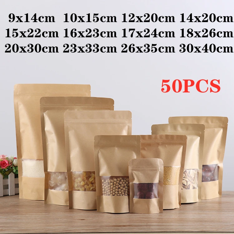 

50pcs/kraft Paper Window Zipper Bag Biscuit Fruit Nut Gift Packaging Self-sealing Can Stand Up Food Sealing Packaging Bag