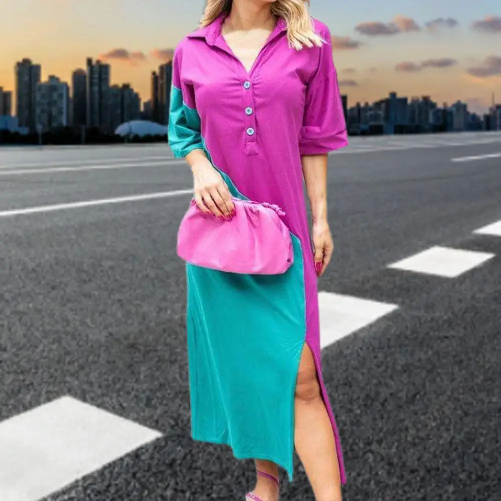 

2021 Women Summer Shirt Dresses Turn Down Collar Splice Lady Half Sleeve Split Mid-calf Casual Dresses Holiday Vestidos