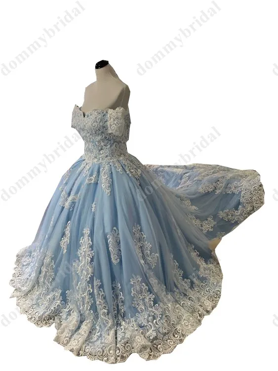 Vestidos de quinceañera azul claro de encaje blanco Vintage, Vestidos Baratos largos sin hombros con mangas, vestido de baile de graduación de tul largo hasta el suelo