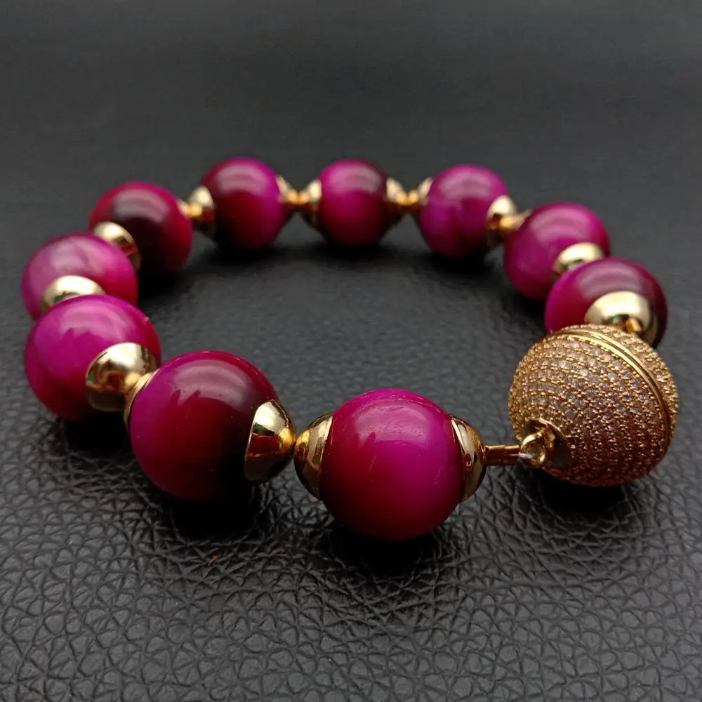 YYGEM 14mm Round Smooth Fuchsia Tiger Eye Bracelet Gold Color Round Magnet clasp