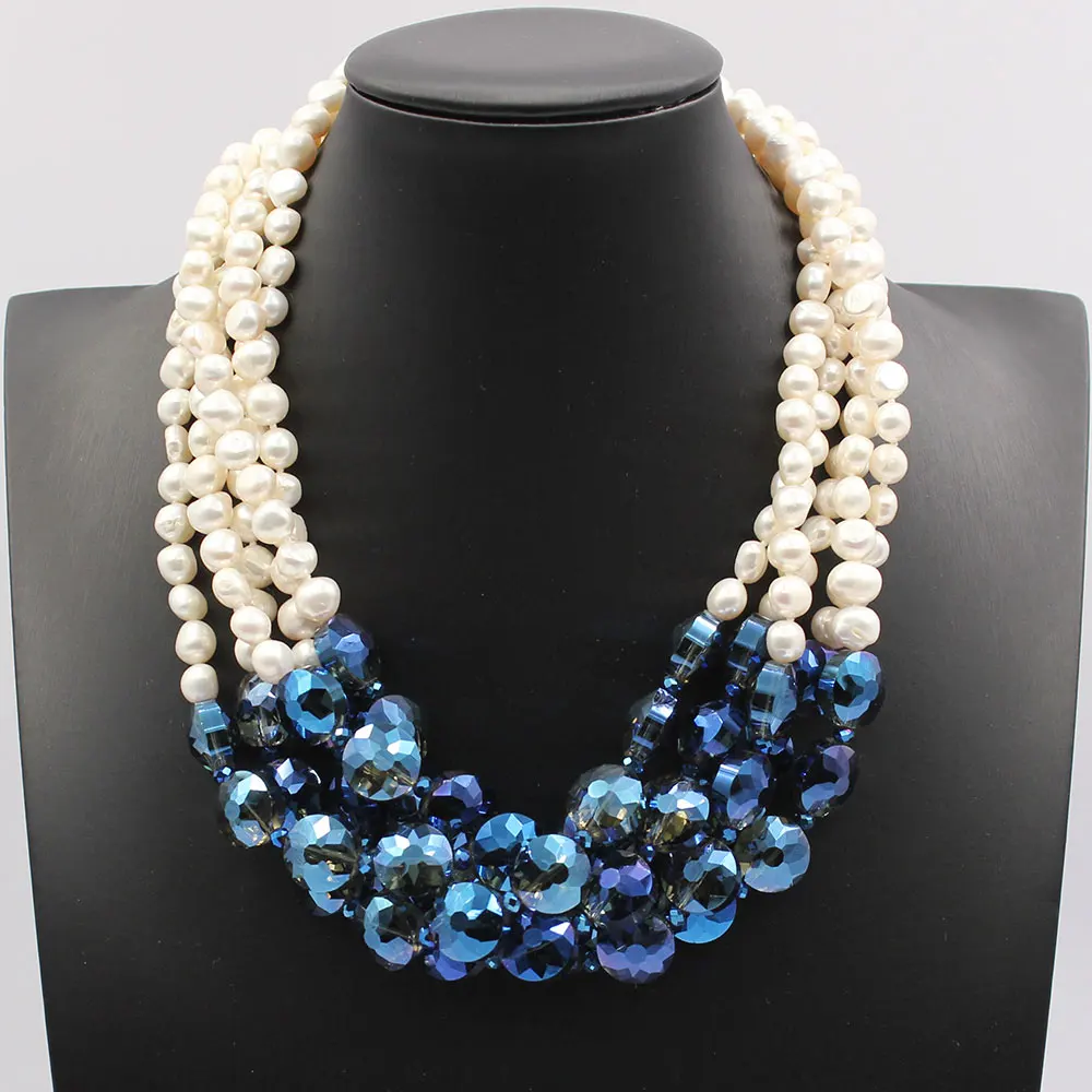 GuaiGuai Jewelry 5 Rows Natural White Keshi Potato Pearl Coin Blue Glass Crytal Necklace Handmade For Lady