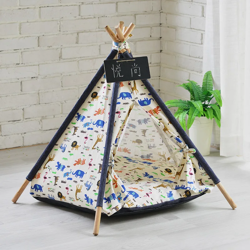 2021 New Kawaii Animal Pattern Pet Tents Pet Tent House Cat Bed Portable Teepee with Thick Cushion  Puppy Excursion Outdoor Beds