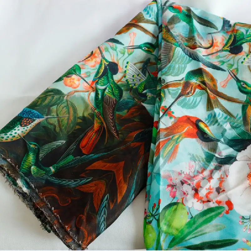 2021 silk dress shirt cloth silk dress fabric crepe de chine Flower color printed fabric fragment of Parrot Jungle