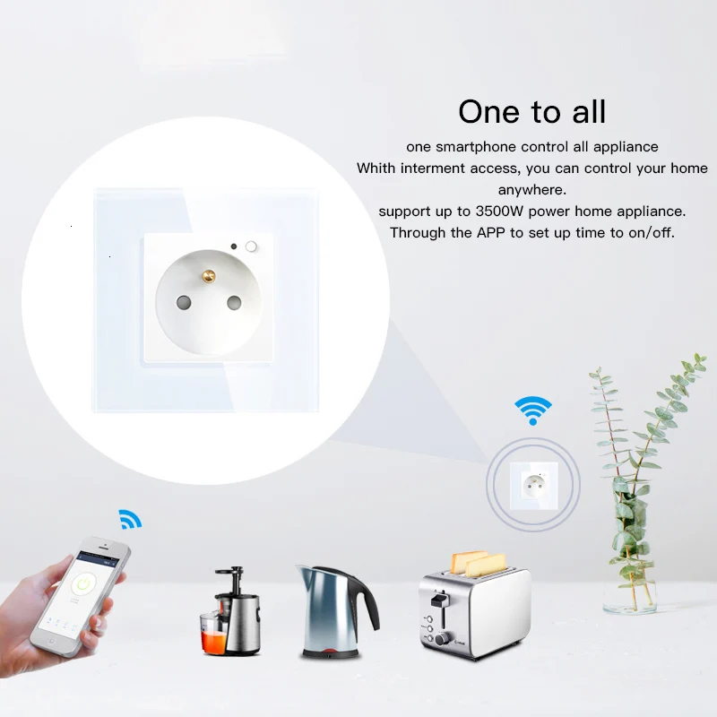 WiFi Smart Wall 16A Socket Outlet Glass Panel French Smart Life/Tuya Remote Control,Works with Amazon Echo Alexa Google Home