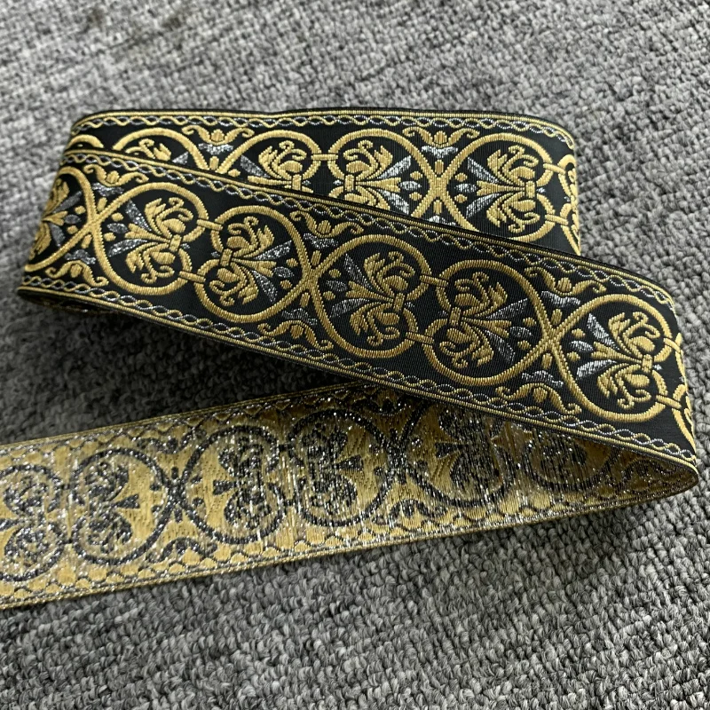 10Yards/lots Wide About 5cm Woven Jacquard Ribbon Flower Trims Black gold Pattern For Curtain And Clothing Accessory ZERZEEMOOY