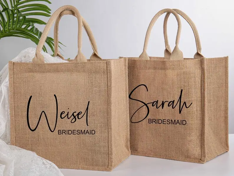 Personalized Burlap Tote Bag Wedding Favors Bridesmaid Gift Custom Jute Bag Beach Bag Mother of Bride Bridesmaid Proposal Bag