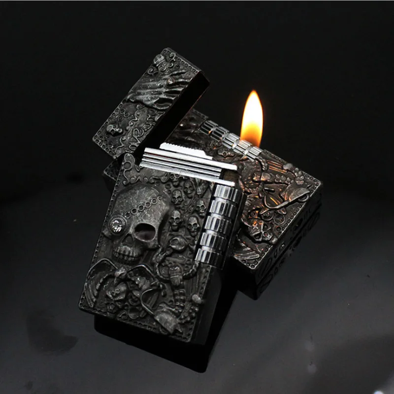 Unique Metal Skull Relief Windproof Cigarette Lighter PING Sound Grinding Wheel Refillable Butane Gas Lighter Smoker Gift