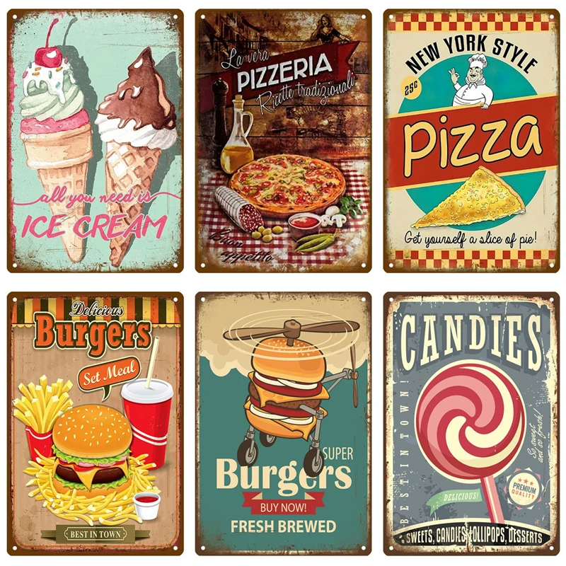 Pizza Retro Tin Sign Poster Vintage Wall Posters Metal Sign Decorative Wall Plate Kitchen Plaque Metal Vintage Decor Accessories
