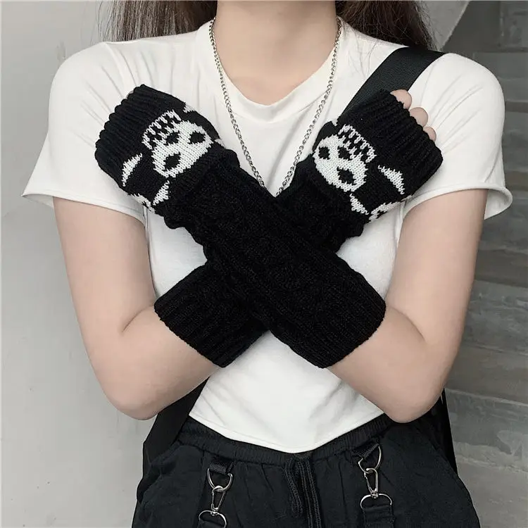 Unisex Stretch Dark Ninja Cool Elbow Length Winter Arm Warmer Hipster Black Long Mittens Women Gothic Knitted Skull Gloves 2023