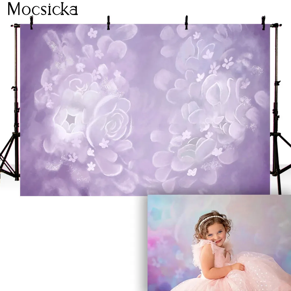 White Floral Purple Photography Backdrop Newborn Kids Portrait Background for Photo Studio Girls Birthday Photobooth Props