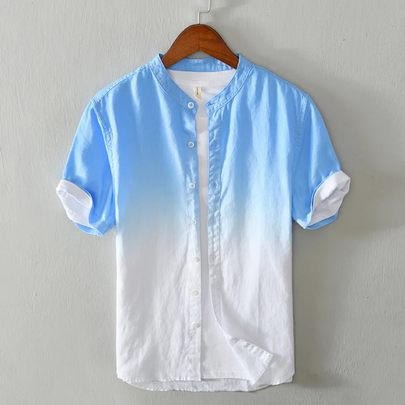 

2024 Men's Summer New Gradient Linen Shirt Teenagers Stand Collar Short Sleeve