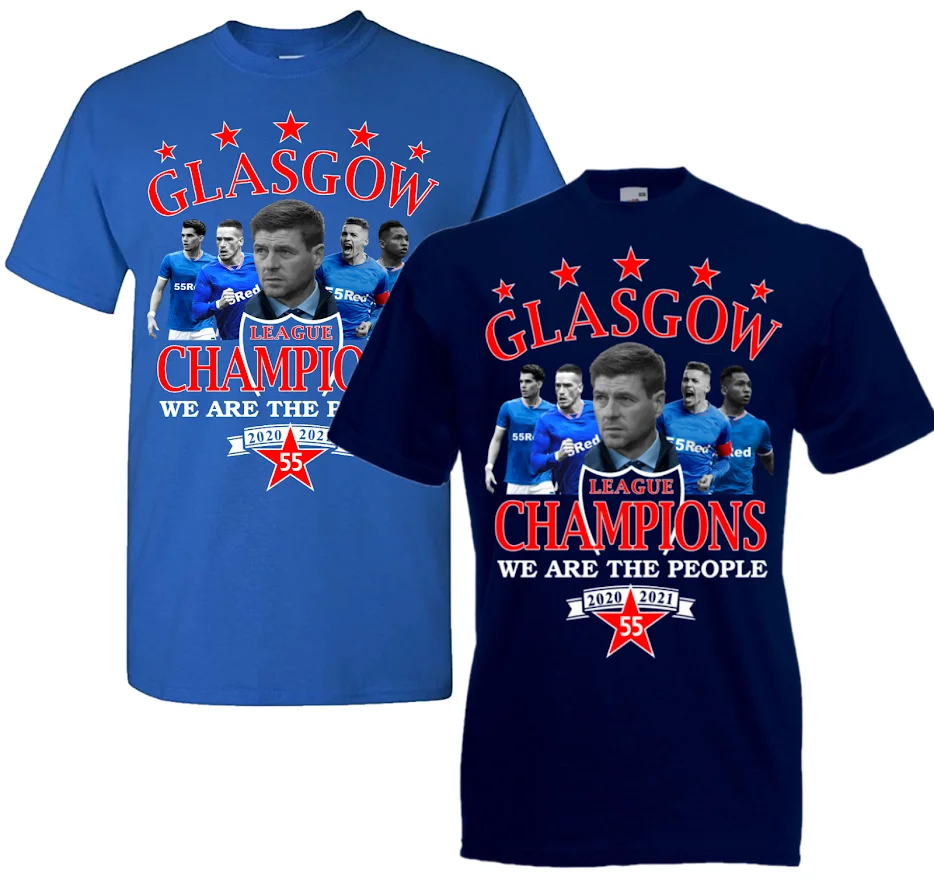 Glasgow Champions Of Scotland 55 T shirt For Rangers Fans Size S to 3XL