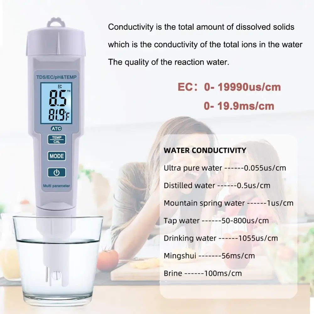 yieryi New TDS PH Meter PH/TDS/EC/Temperature Meter Digital Water Quality Monitor Tester for Pools, Drinking Water, Aquariums