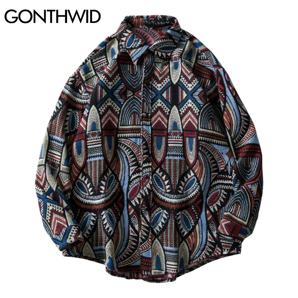 GONTHWID Knitted Shirts Nation Style Geometry Flowers Color Block Patchwork Long Sleeve Button Shirt Hip Hop Casual Tops Coats