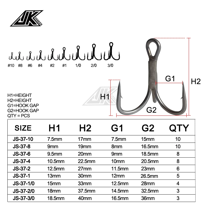 JK JS-37 Triple Fishing Gray Color 3X Strong Treble Hooks super antirust Fishhook Fishing Tee Hook#10~#1.1/0 2/0 3/0 Seafishing