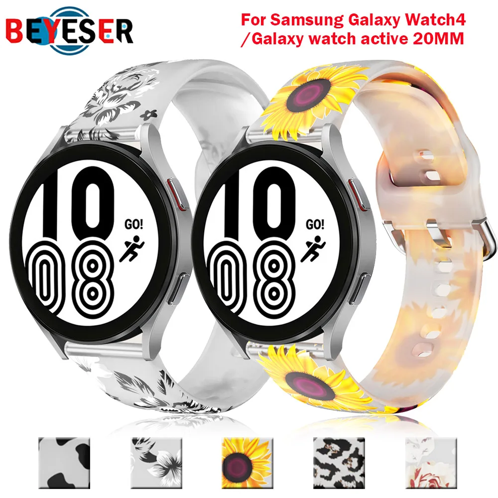 20mm Flower Printing Silicone Strap Band for Samsung Galaxy Watch4 40mm 44mm Watch 4 Classic 42mm 46mm Active2 Huami Amazfit GTS