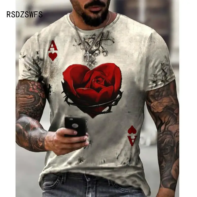 Rose Hearts Poker Pattern Skull Printed T-Shirt Men Street Style Trendy Short Sleeve Casual Round Neck Oversize Sports Male Tees