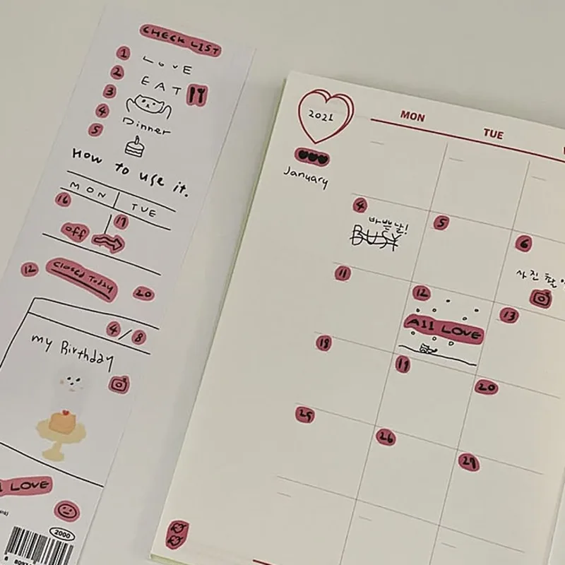 Roze Wit Nummer Perzik Hart Label Sticker Diy Plan Check Lijst Collage Briefpapier Notebook Liefde Decoratieve Sticker Waterdicht