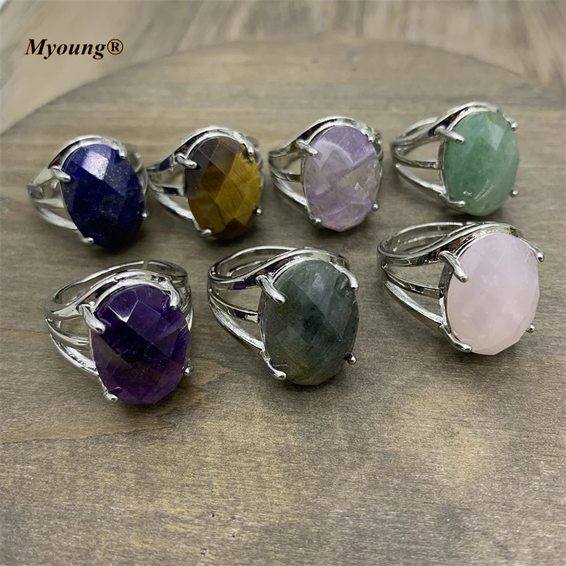 Oval Faceted Crystal Rings Reiki Healing Stone Natural Amethysts Pink Quartz Fashion Women Rings Party Jewelry MY211101