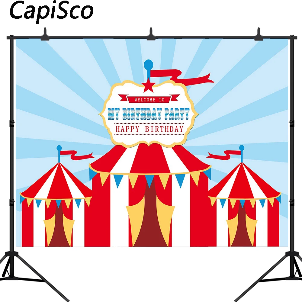 

Capisco Circus Theme happy Birthday Backdrop red Tent Photography Background Dessert Table Decorations photo studio Props