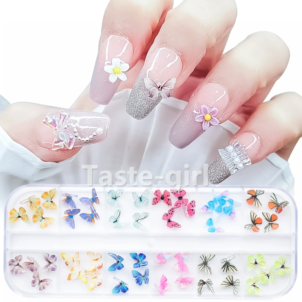 1 Boxe 48PCS 3D Acrylic Nail Art Decoracion Butterfly Nail Charms Kawaii Nails Accesorios Nail Supplies For Professionals