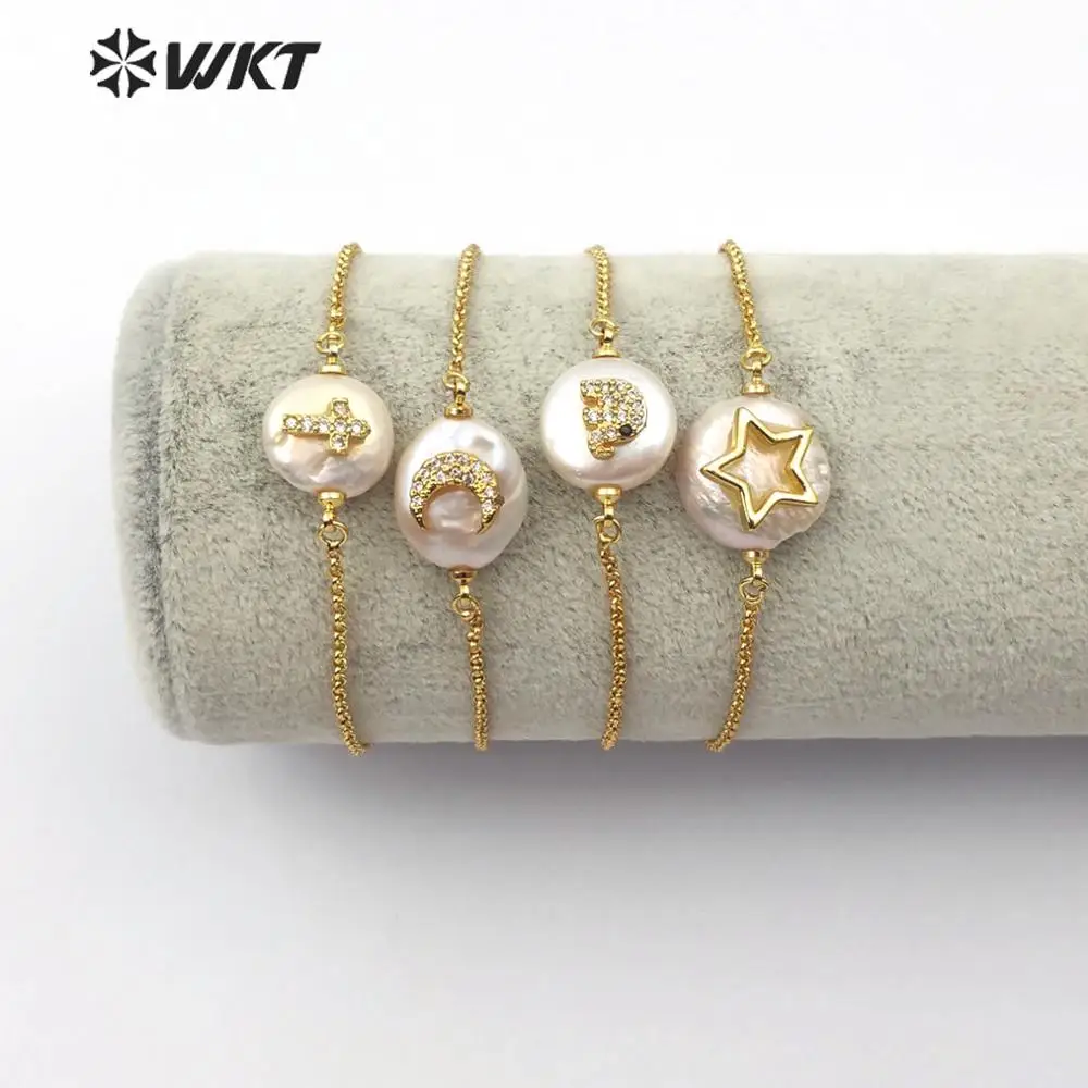 

WT-MB112 Natural Freshwater Pearl Bracelet With Cubic Zirconia Pave Star/Crescent/Cross Shape Bracelet Adjustable Charm Bangle